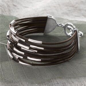 Silpada black leather sterling silver tubes multi strand bracelet